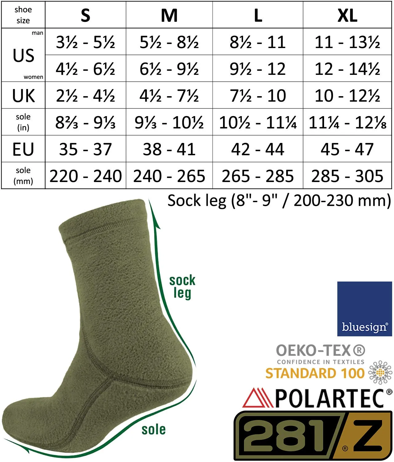 281Z Military Warm 8 inch Boot Liner Socks - Outdoor Tactical Hiking Sport - Polartec Fleece Winter Socks (X-Large, Olive Green)