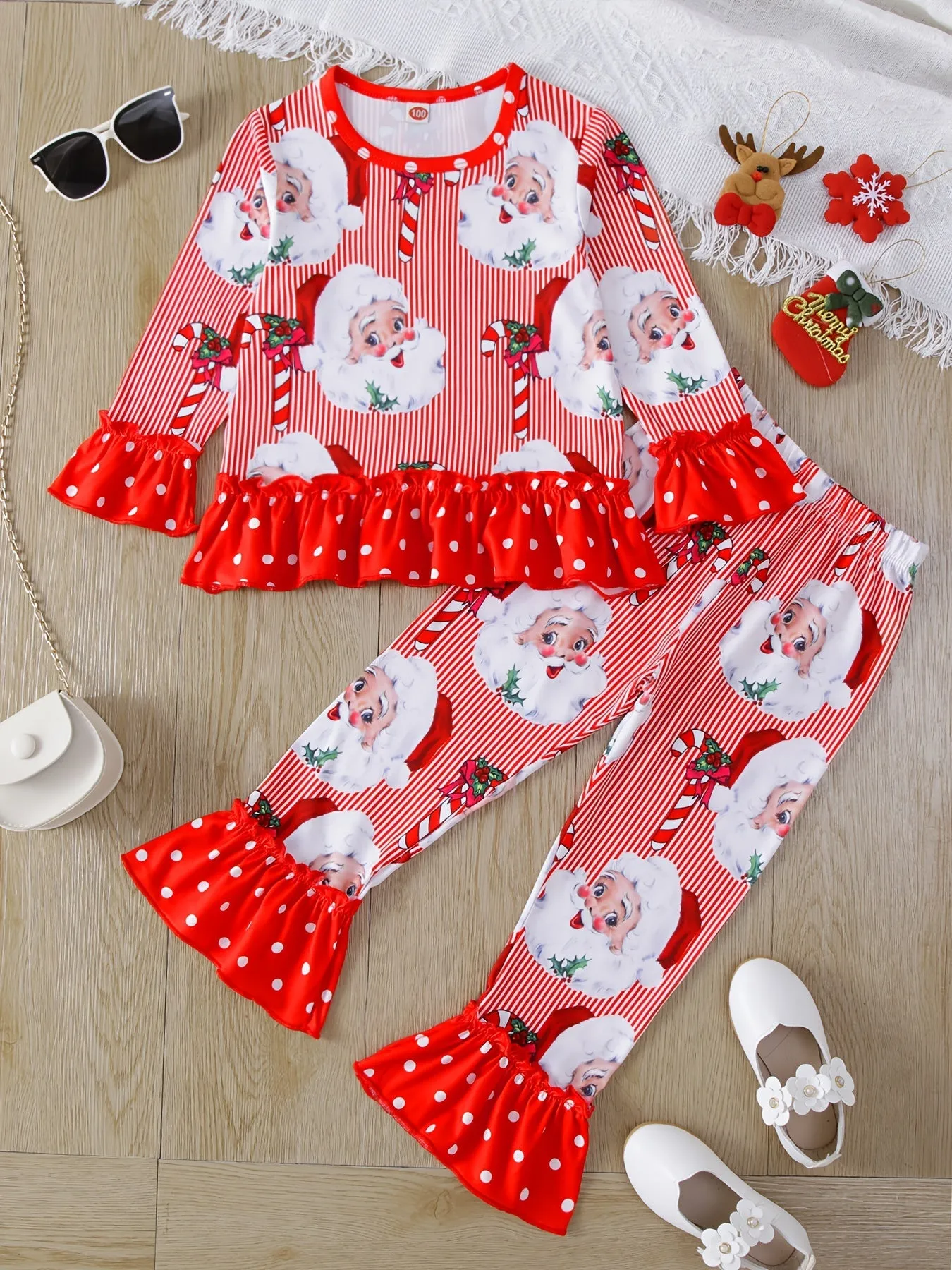 2pcs Toddler Girls Christmas Outfits Santa Claus Graphic Sets Pullover   Flare Pants Gift for Girl's Outdoor Wear