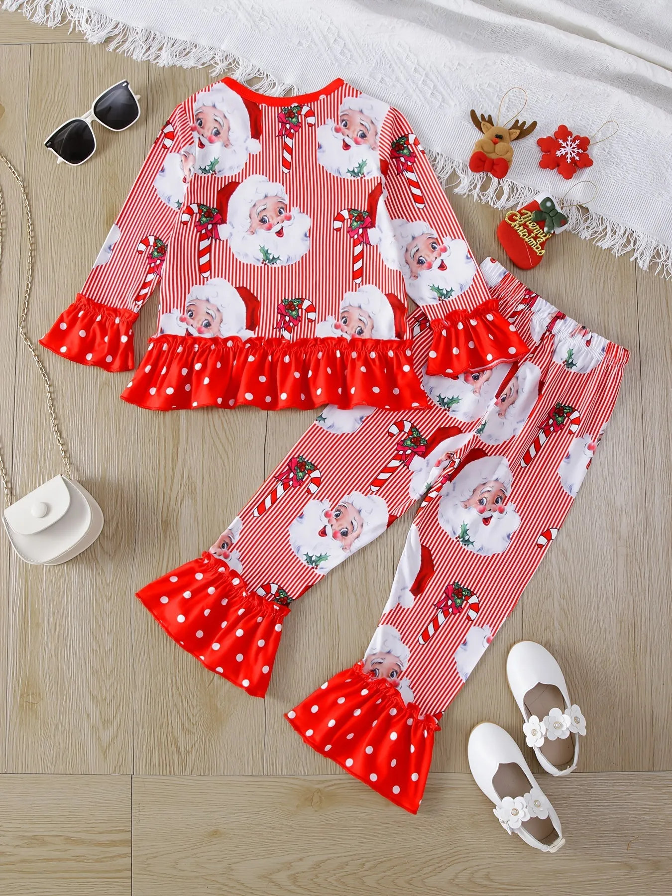 2pcs Toddler Girls Christmas Outfits Santa Claus Graphic Sets Pullover   Flare Pants Gift for Girl's Outdoor Wear