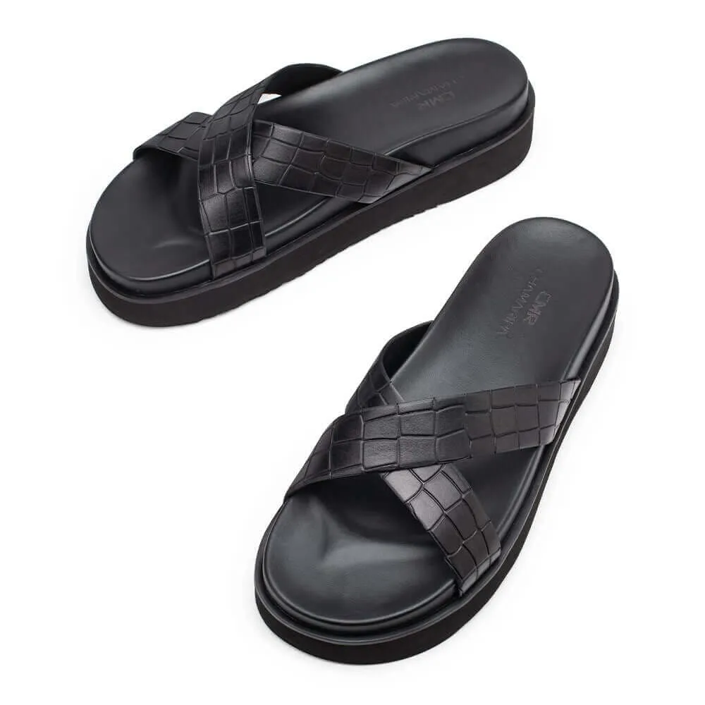 5CM/1.95 Inches - CMR CHAMARIPA Elevator Slippers - Black Leather Height Increasing Slippers For Men - Outdoor Indoor Slippers