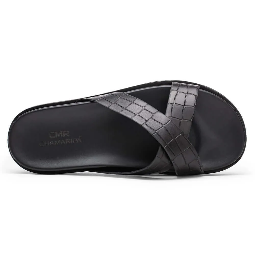 5CM/1.95 Inches - CMR CHAMARIPA Elevator Slippers - Black Leather Height Increasing Slippers For Men - Outdoor Indoor Slippers