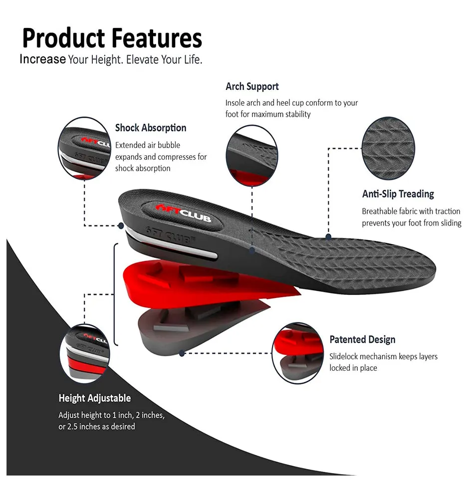 6FT CLUB's 3-Layer Height Increase Insole 2.35-Inch Shoe Lifts for Men (7.5 to 11.5)