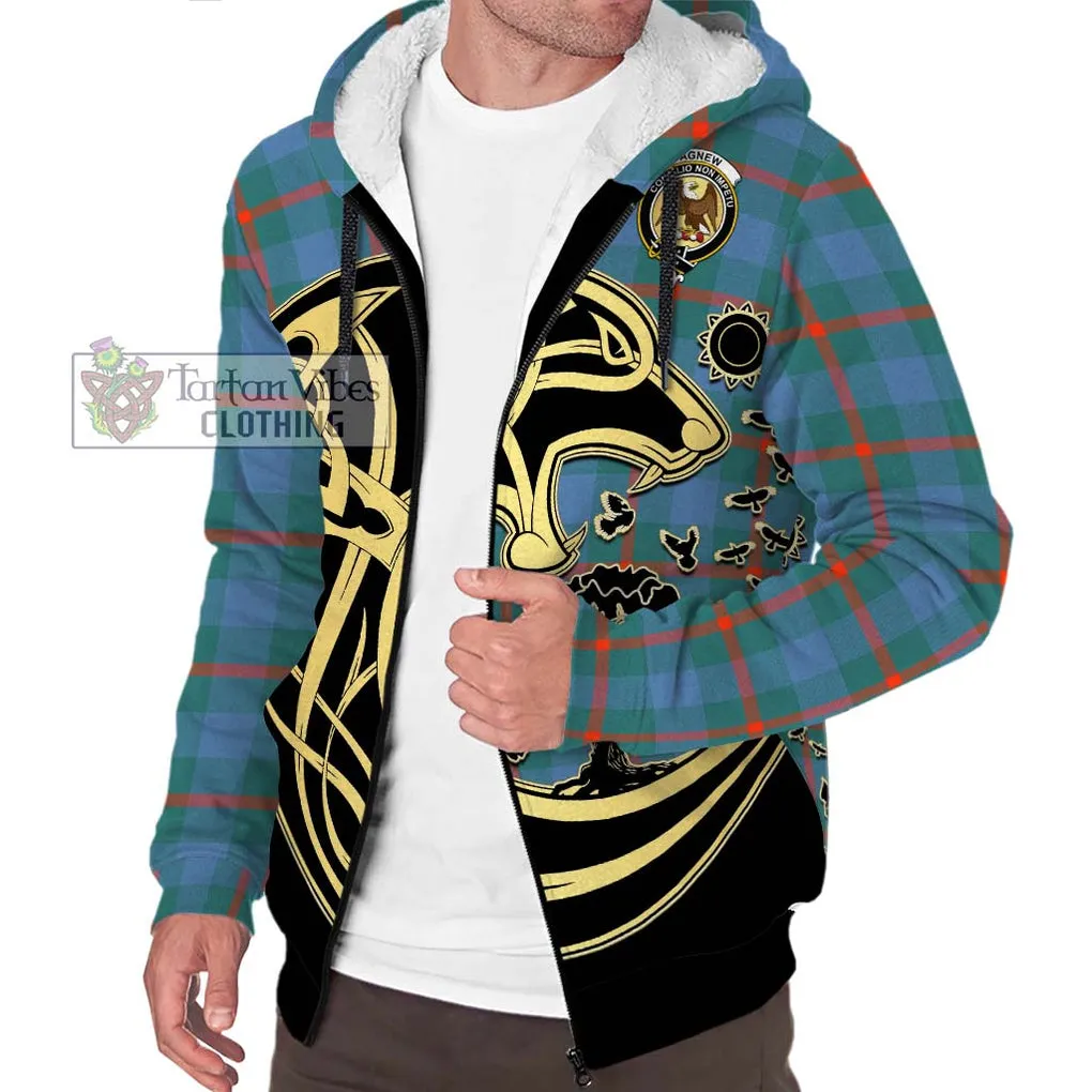 Agnew Ancient Tartan Sherpa Hoodie with Family Crest Celtic Wolf Style