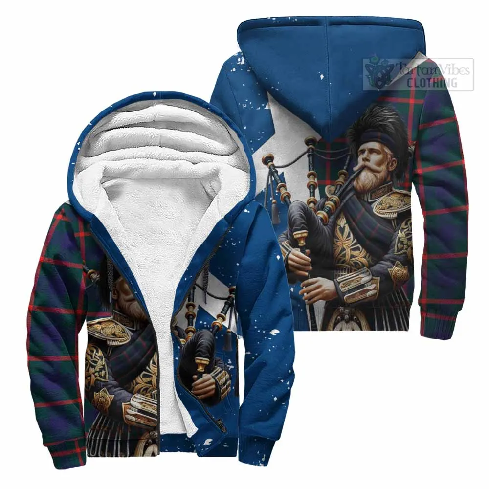 Agnew Tartan Sherpa Hoodie with Family Crest Scottish Bagpiper Vibes