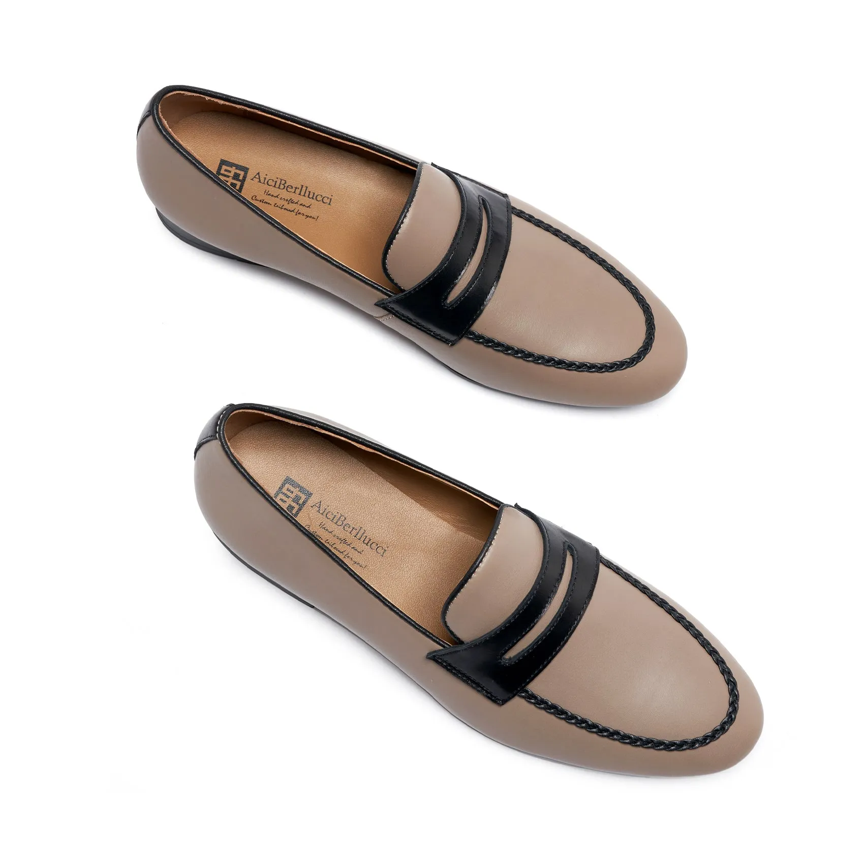 AiciBerllucci & INCI  Apricot /Black  Calfskin Leather & Sheepskin  lining-Loraine-Penny Loafers for Women- Comfort Flat Shoes- Slip-on Women Loafers -Shoes Casual