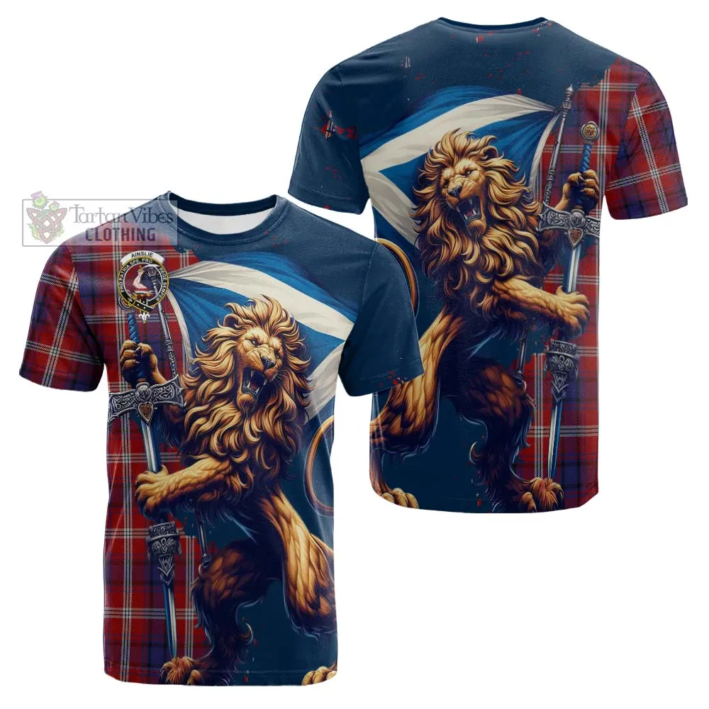 Ainslie Tartan Family Crest Cotton T-shirt with Scottish Majestic Lion