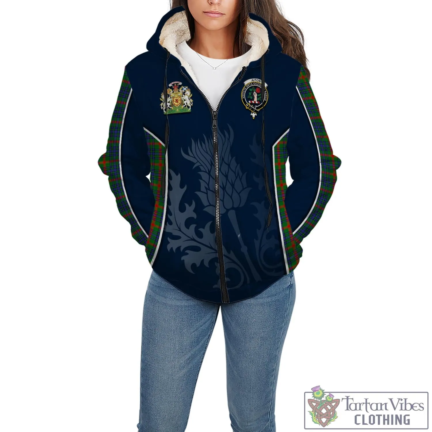 Aiton Tartan Sherpa Hoodie with Family Crest and Scottish Thistle Vibes Sport Style