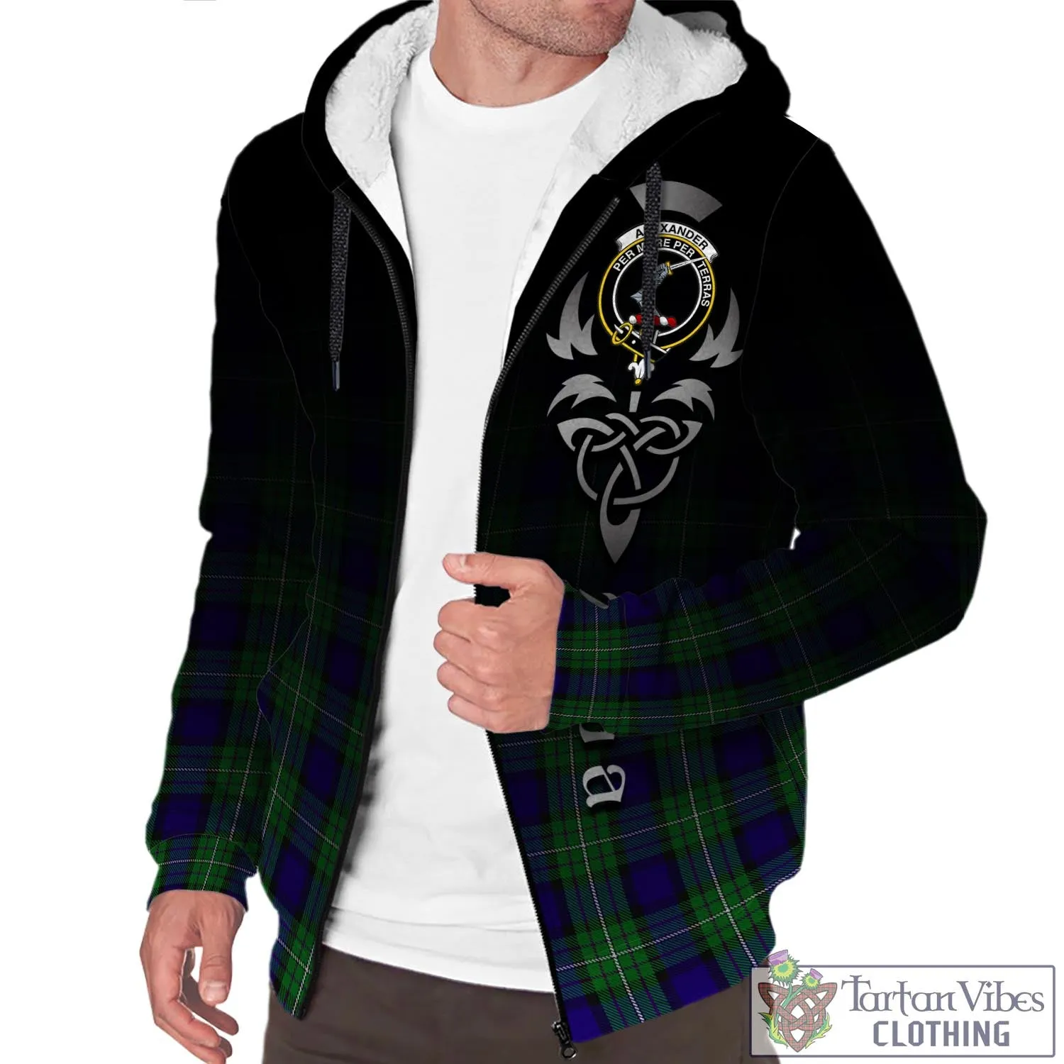 Alexander Tartan Sherpa Hoodie Featuring Alba Gu Brath Family Crest Celtic Inspired