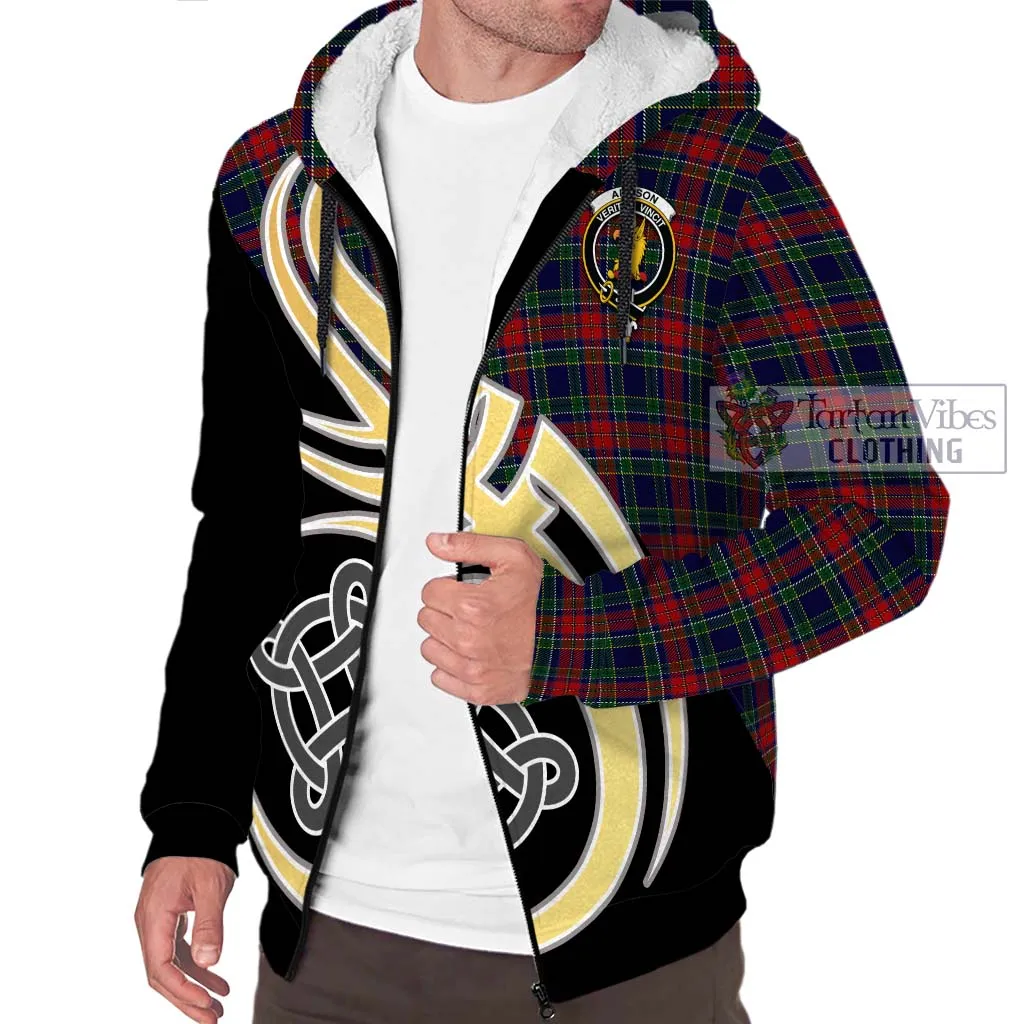 Allison Red Tartan Sherpa Hoodie with Family Crest and Celtic Symbol Style