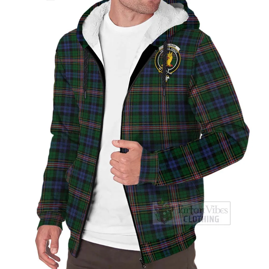 Allison Tartan Sherpa Hoodie with Family Crest and Bearded Skull Holding Bottles of Whiskey