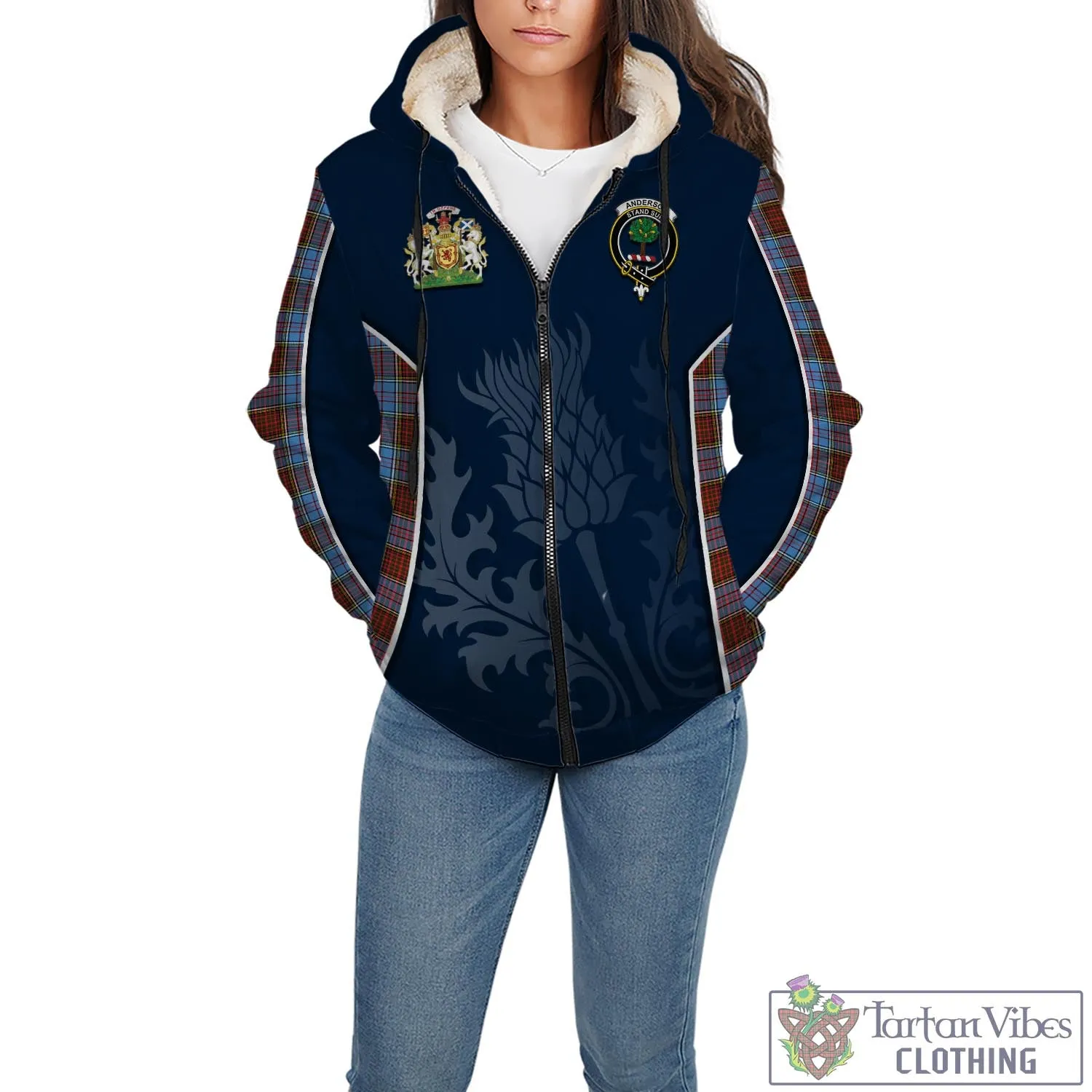 Anderson Modern Tartan Sherpa Hoodie with Family Crest and Scottish Thistle Vibes Sport Style