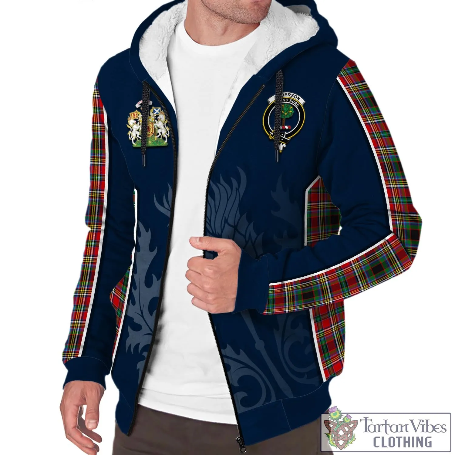 Anderson of Arbrake Tartan Sherpa Hoodie with Family Crest and Scottish Thistle Vibes Sport Style