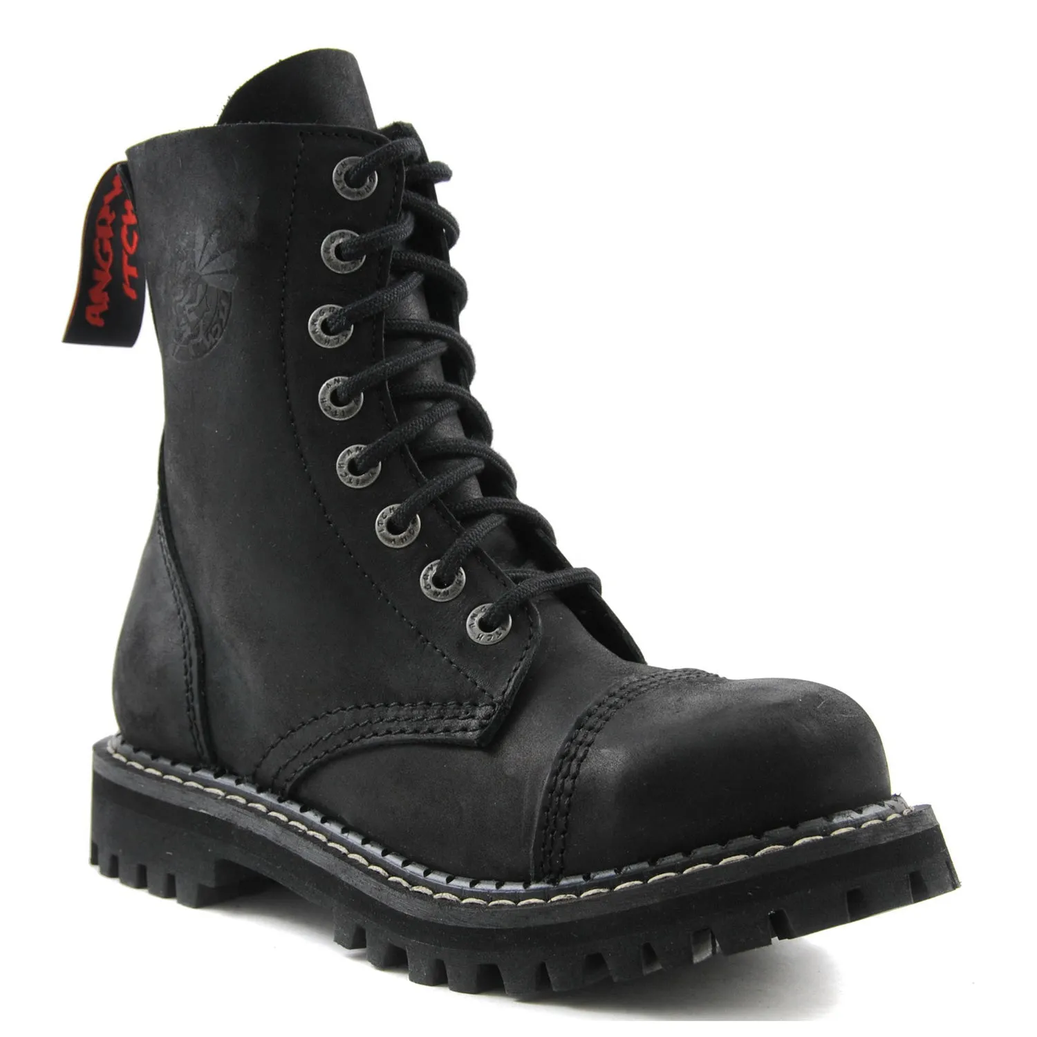 Angry Itch 8 Eyelet Boots with Steel Toe Cap Vintage Black Leather