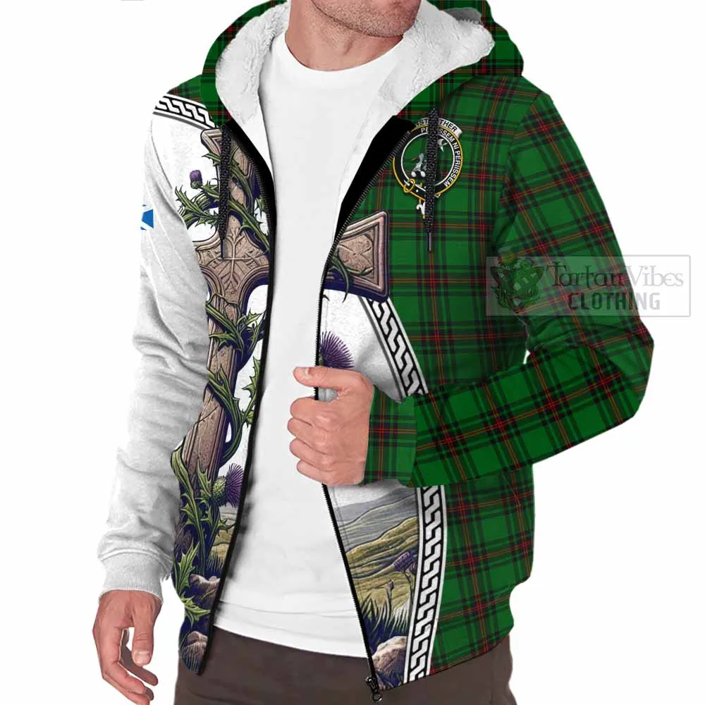 Anstruther Tartan Sherpa Hoodie with Family Crest and St. Andrew's Cross Accented by Thistle Vines