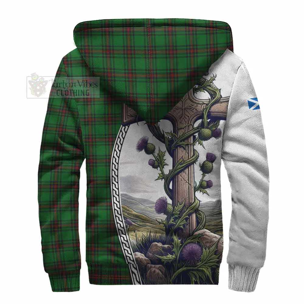 Anstruther Tartan Sherpa Hoodie with Family Crest and St. Andrew's Cross Accented by Thistle Vines