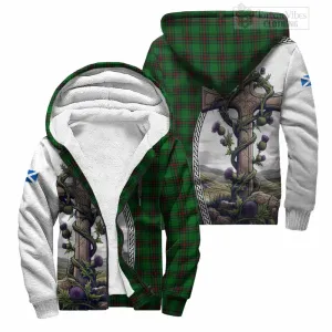 Anstruther Tartan Sherpa Hoodie with Family Crest and St. Andrew's Cross Accented by Thistle Vines