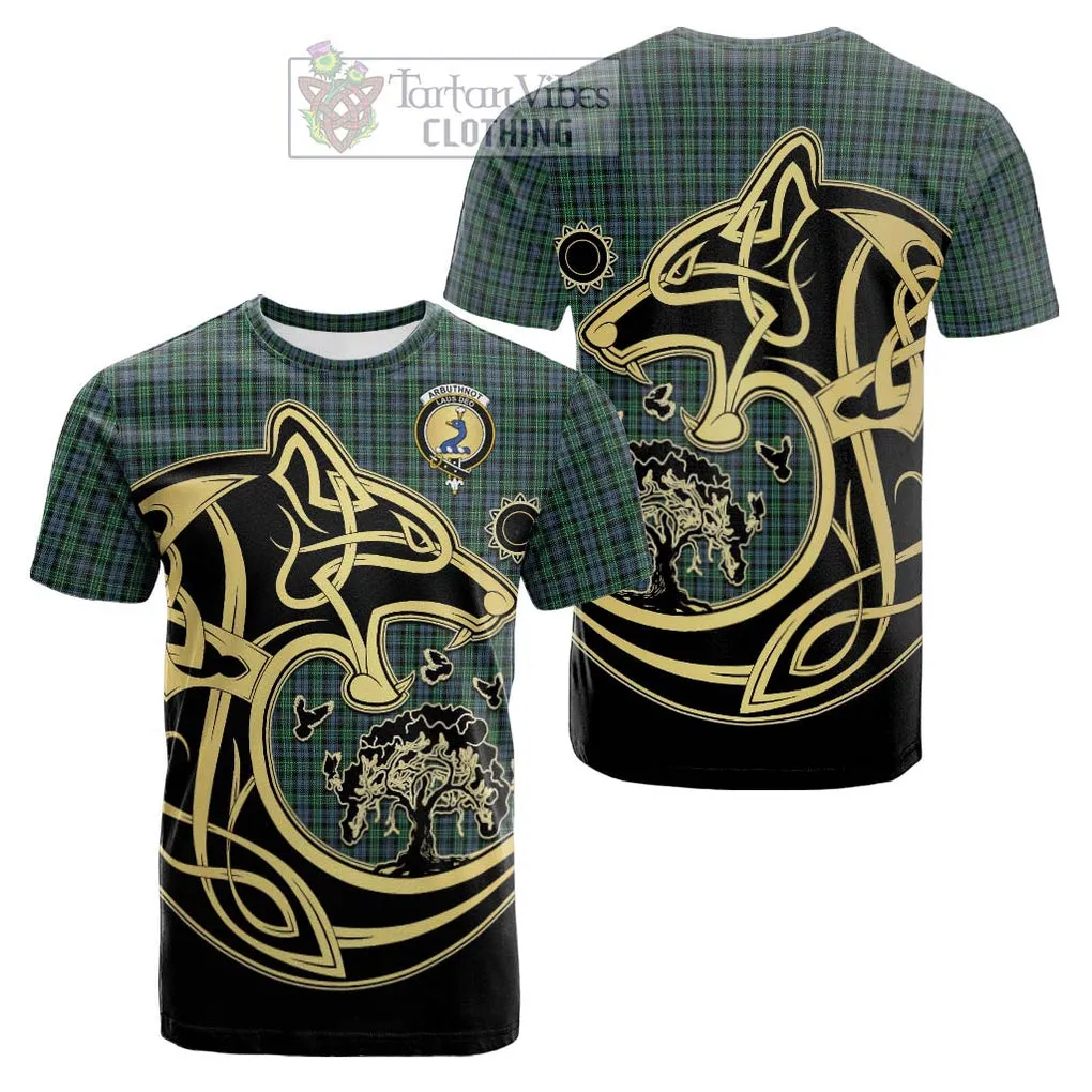 Arbuthnot Tartan Cotton T-shirt with Family Crest Celtic Wolf Style