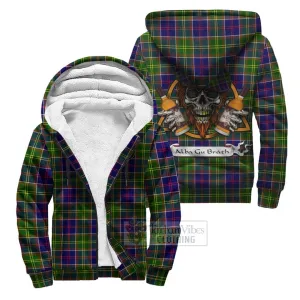 Arnott Tartan Sherpa Hoodie with Family Crest and Bearded Skull Holding Bottles of Whiskey