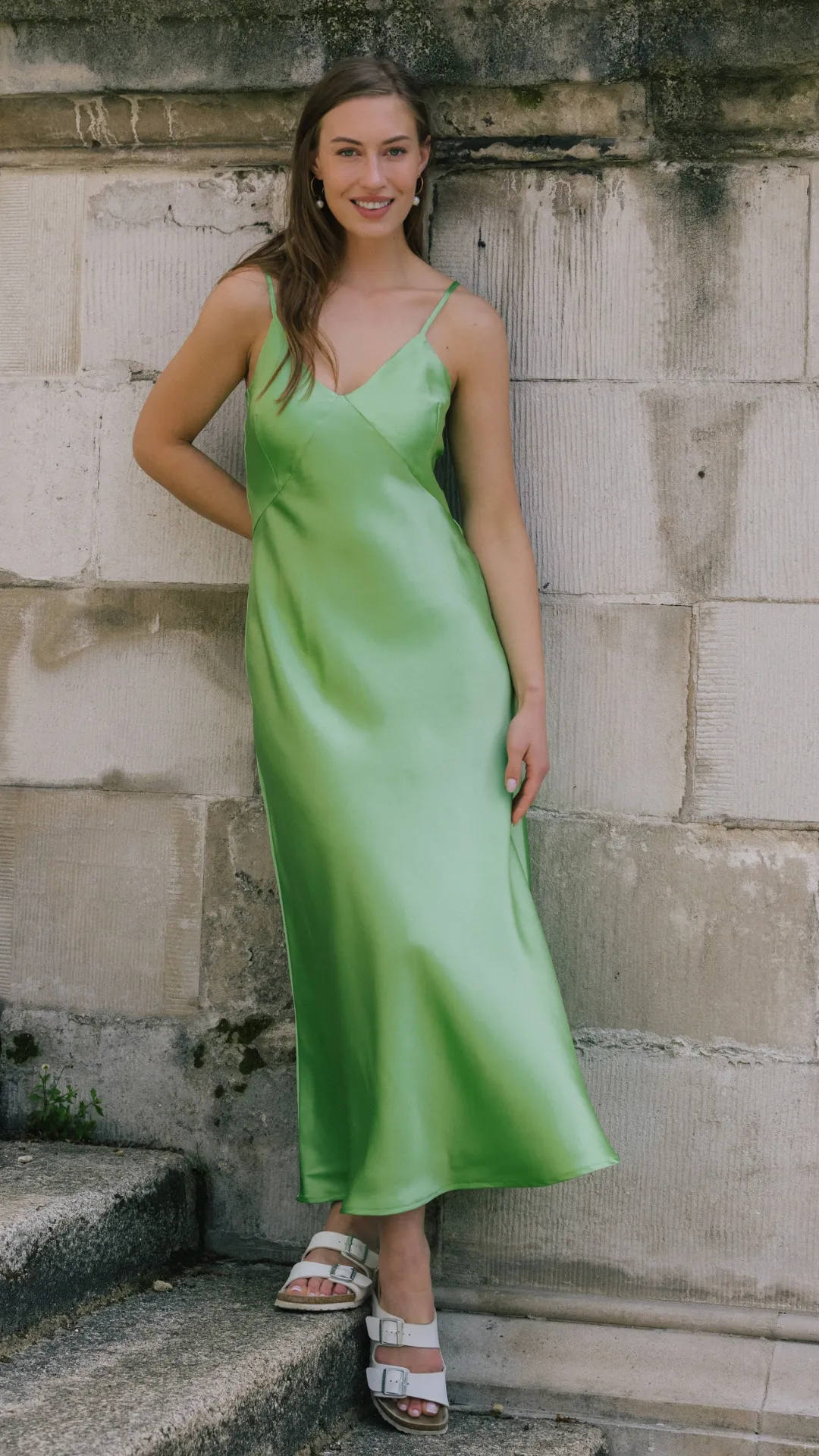 Audrey Maxi Bias Cut Silk Slip Dress in Green