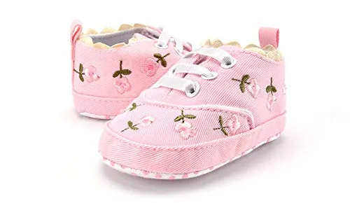 Baby Girl Sneakers Shoes, Pink w/Pink Roses Floral Embroidered Soft First Walkers