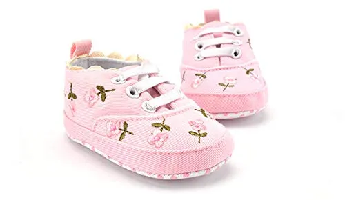 Baby Girl Sneakers Shoes, Pink w/Pink Roses Floral Embroidered Soft First Walkers