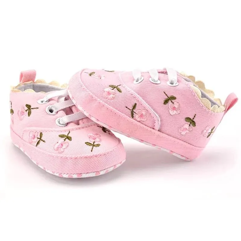 Baby Girl Sneakers Shoes, Pink w/Pink Roses Floral Embroidered Soft First Walkers