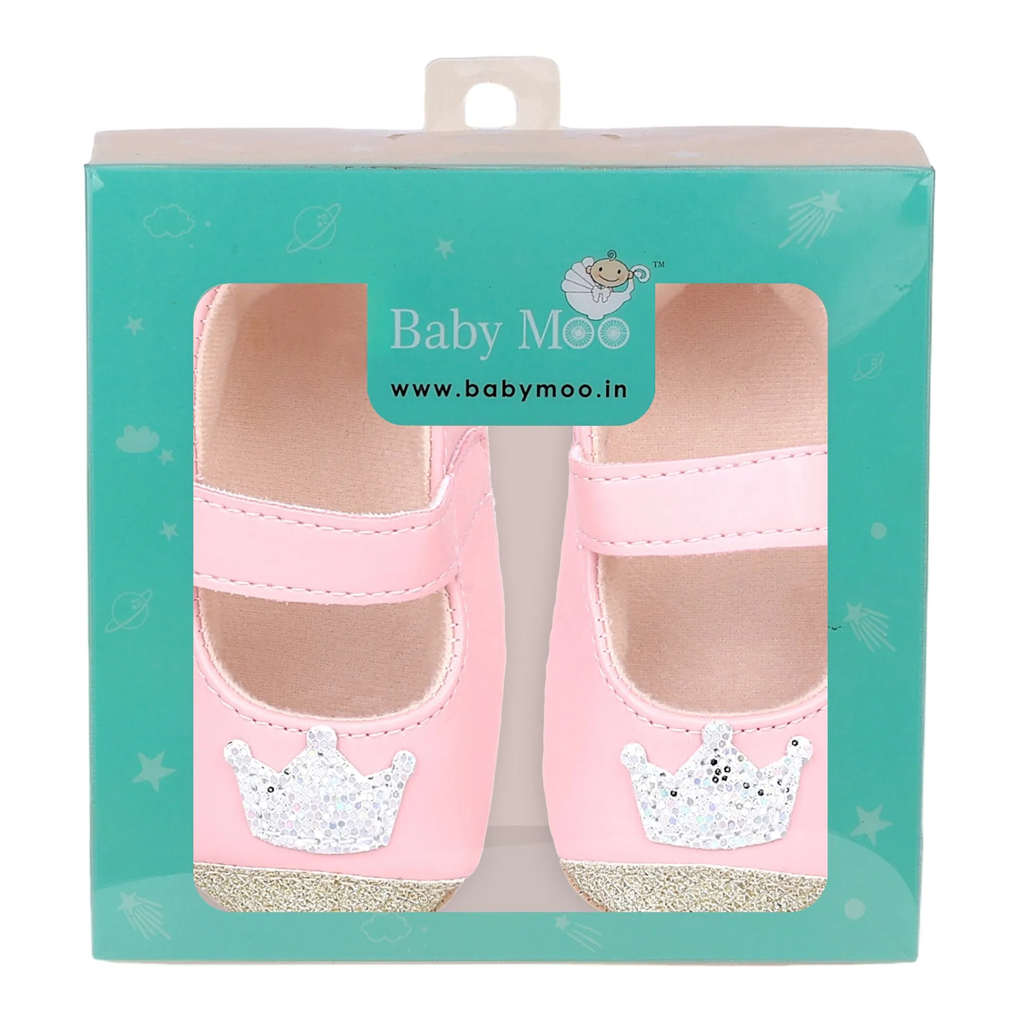 Baby Moo Crown Sequin Partywear Anti-Skid Ballerina Booties - Pink