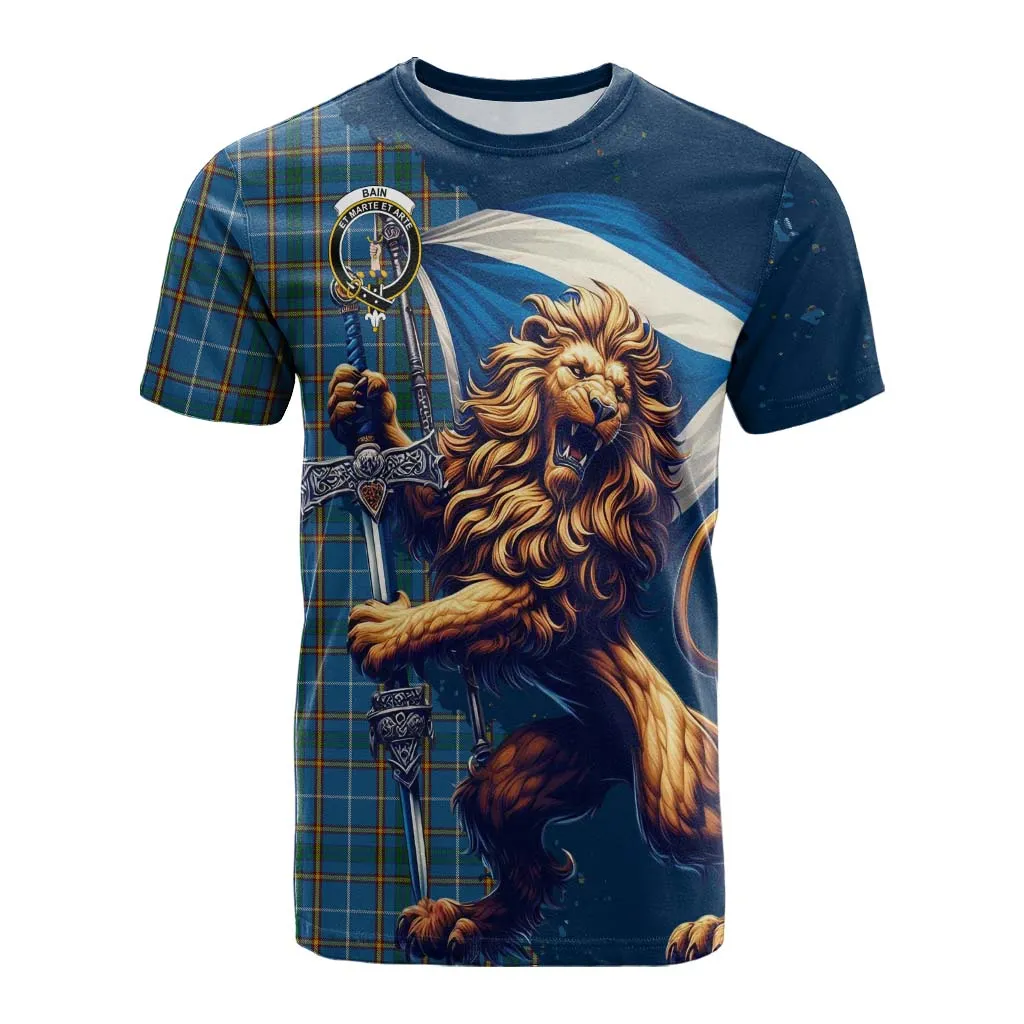 Bain Tartan Family Crest Cotton T-shirt with Scottish Majestic Lion