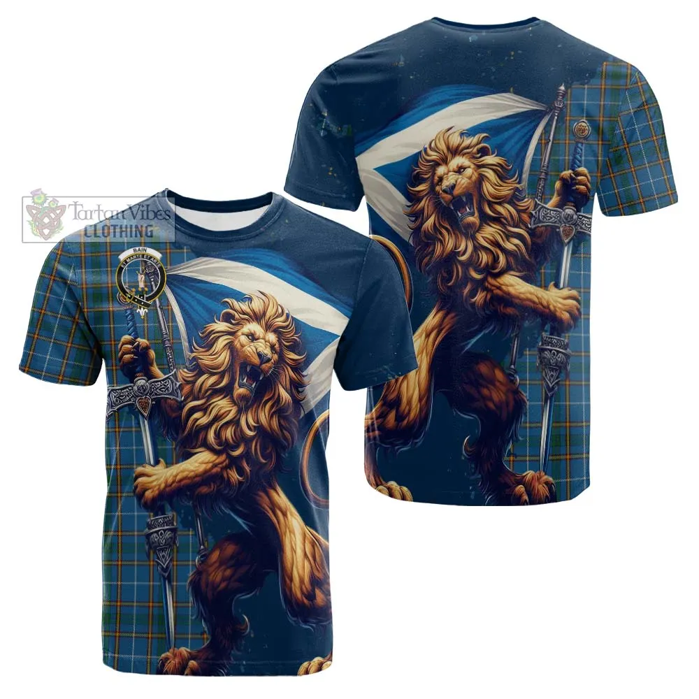 Bain Tartan Family Crest Cotton T-shirt with Scottish Majestic Lion