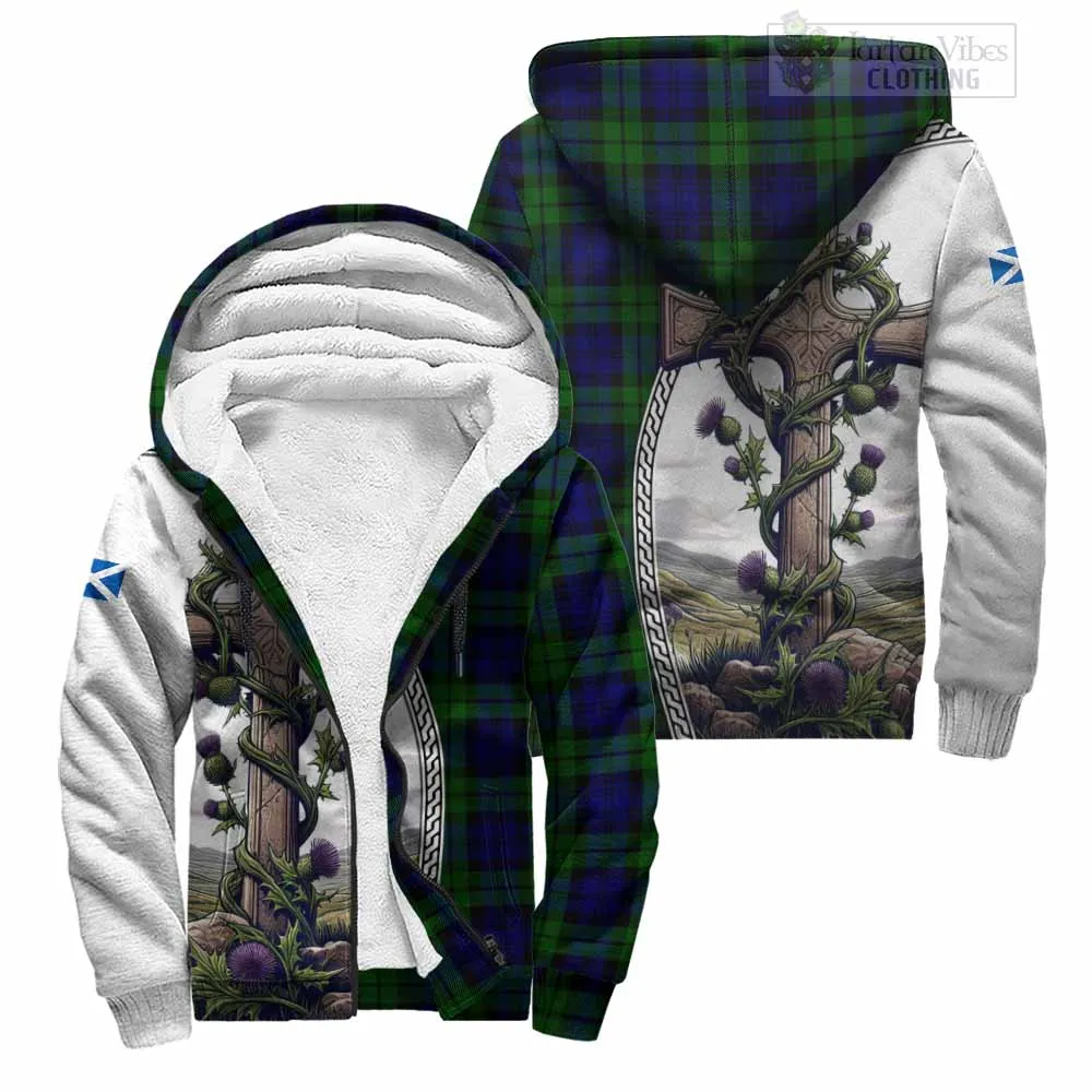 Bannatyne Tartan Sherpa Hoodie with Family Crest and St. Andrew's Cross Accented by Thistle Vines