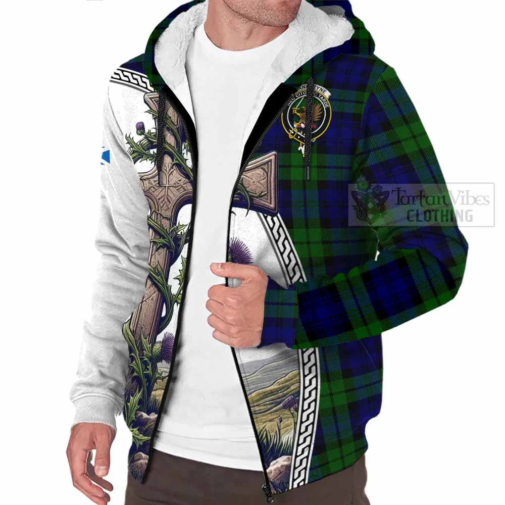 Bannatyne Tartan Sherpa Hoodie with Family Crest and St. Andrew's Cross Accented by Thistle Vines