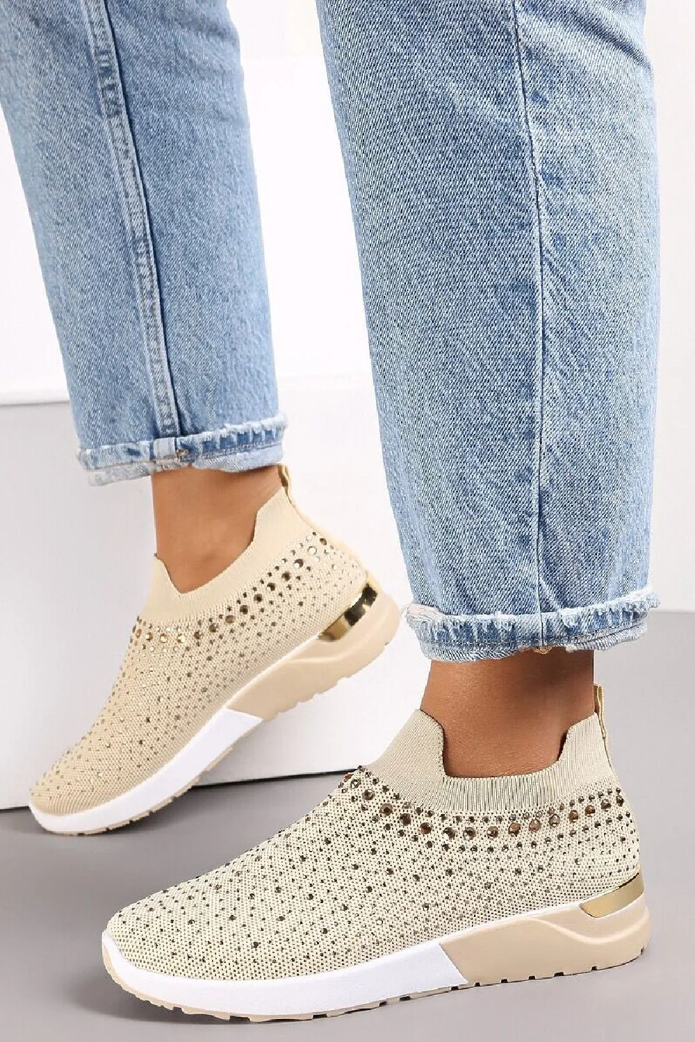 BEIGE DIAMANTE DETAIL SLIP ON TRAINERS SHOES