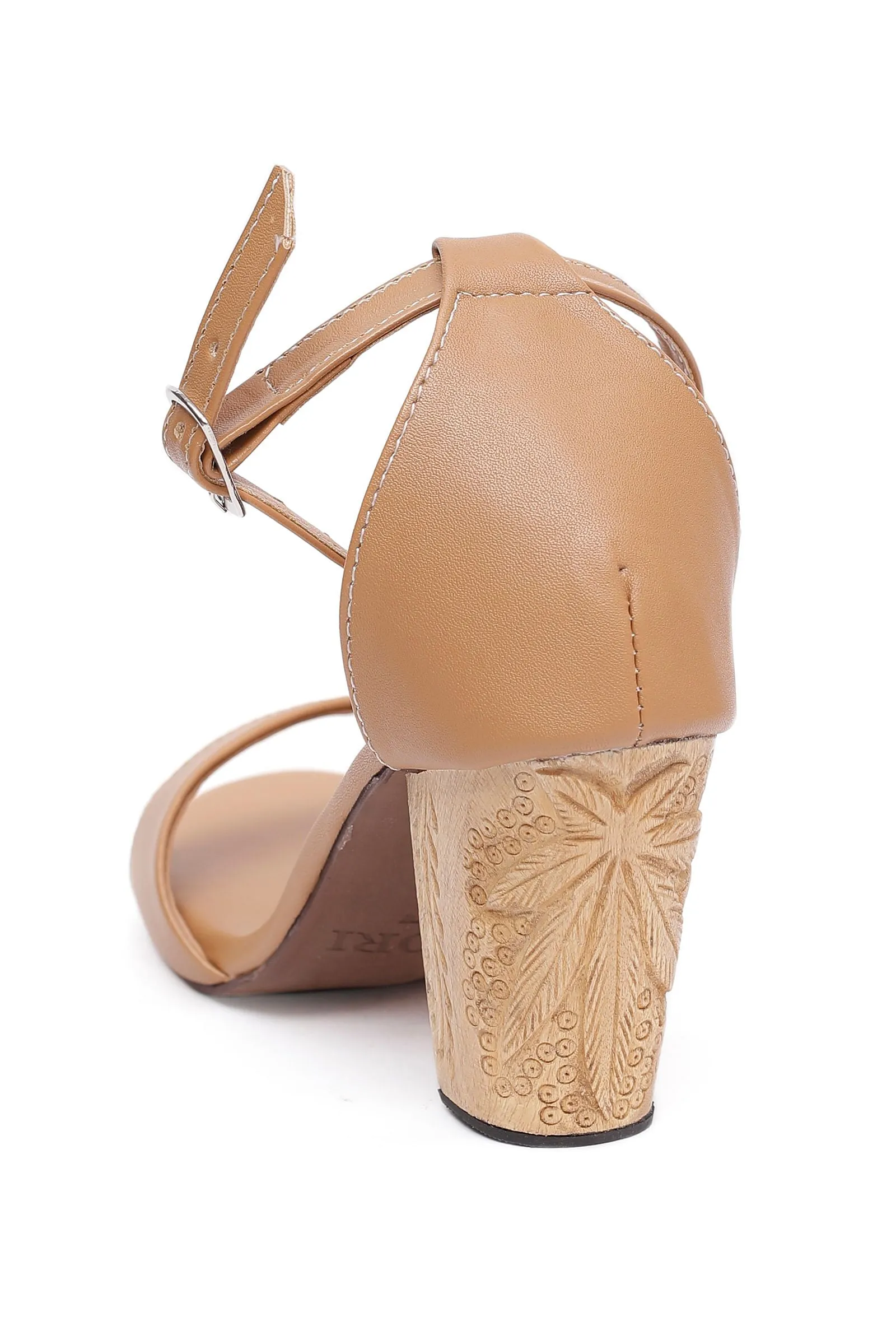 Beige Wooden Carved Ankle Strap Heels