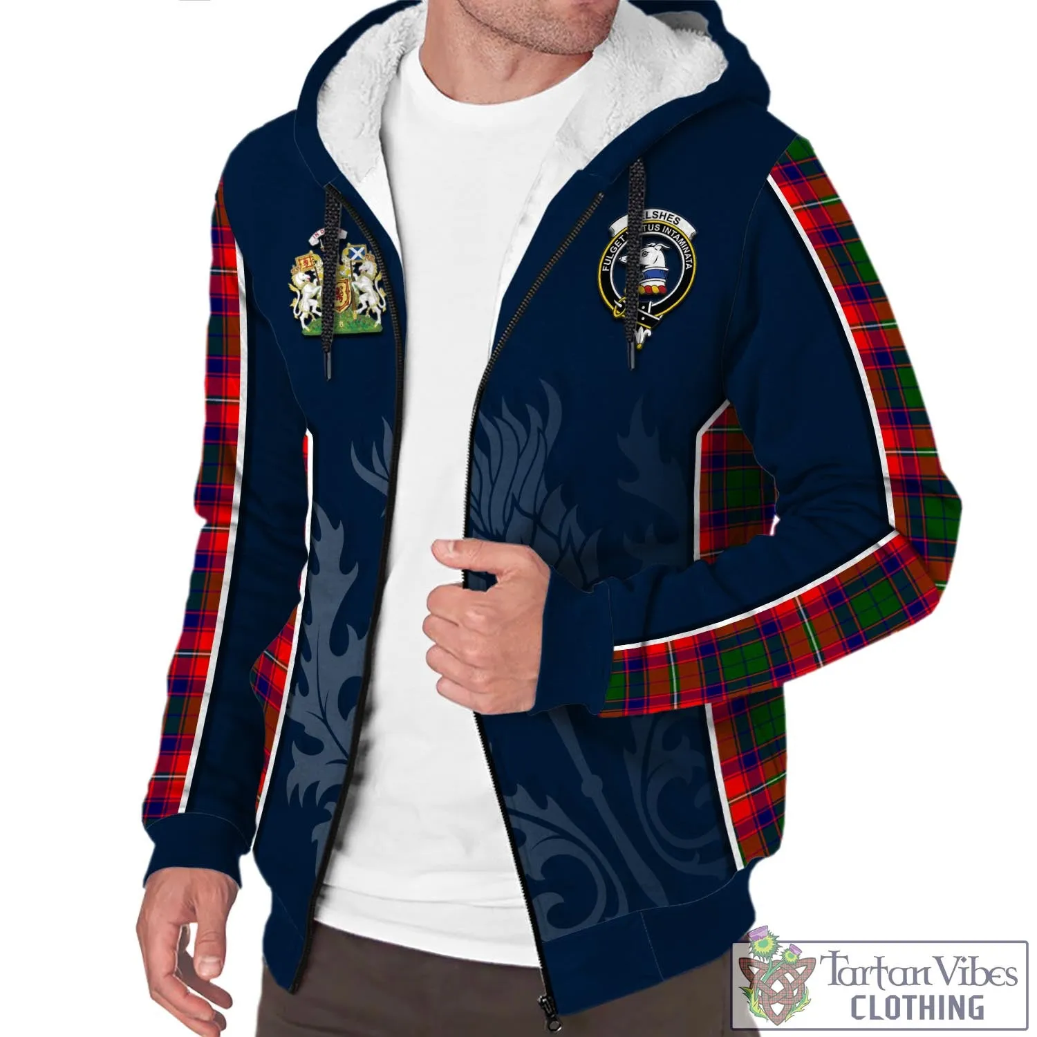 Belshes Tartan Sherpa Hoodie with Family Crest and Scottish Thistle Vibes Sport Style