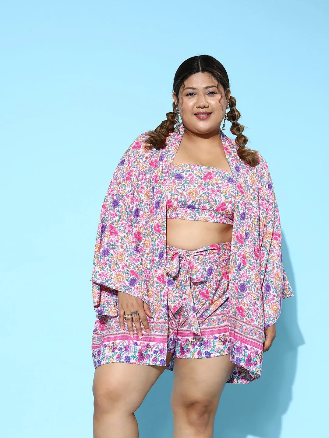 Berrylush Women Plus Size Pink & Purple Floral Printed Crop Top & Tie-Up Front Shorts With Kimono