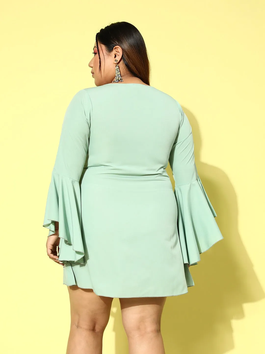 Berrylush Women Plus Size Solid Green Round Neck Flutter Sleeve Slip-On Crepe Flared A-Line Mini Dress