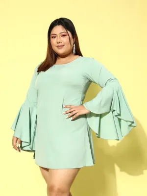 Berrylush Women Plus Size Solid Green Round Neck Flutter Sleeve Slip-On Crepe Flared A-Line Mini Dress