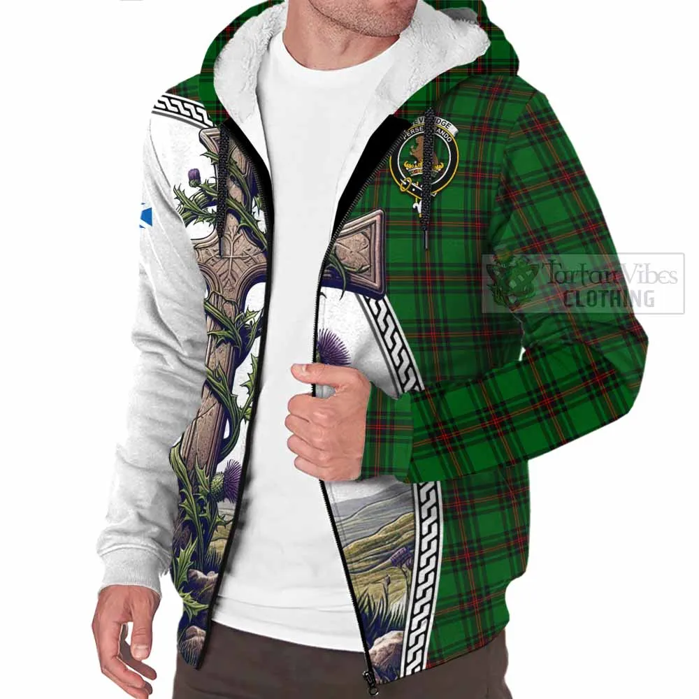 Beveridge Tartan Sherpa Hoodie with Family Crest and St. Andrew's Cross Accented by Thistle Vines