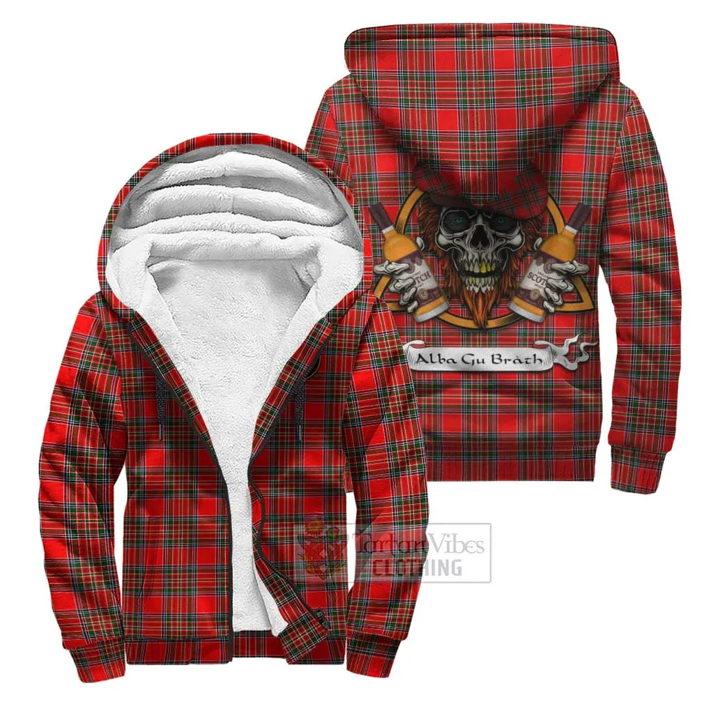 Binning Tartan Sherpa Hoodie with Family Crest and Bearded Skull Holding Bottles of Whiskey