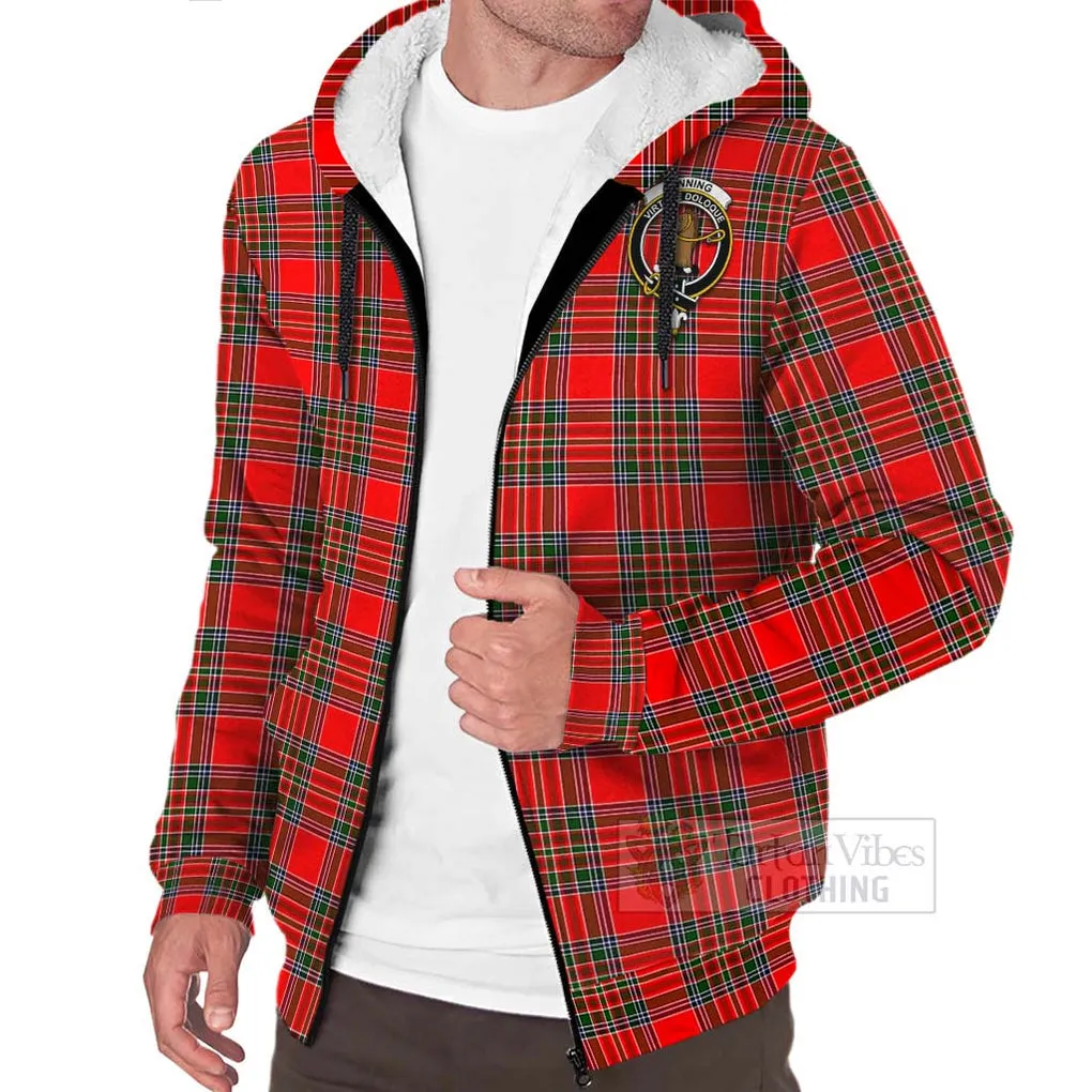 Binning Tartan Sherpa Hoodie with Family Crest and Bearded Skull Holding Bottles of Whiskey