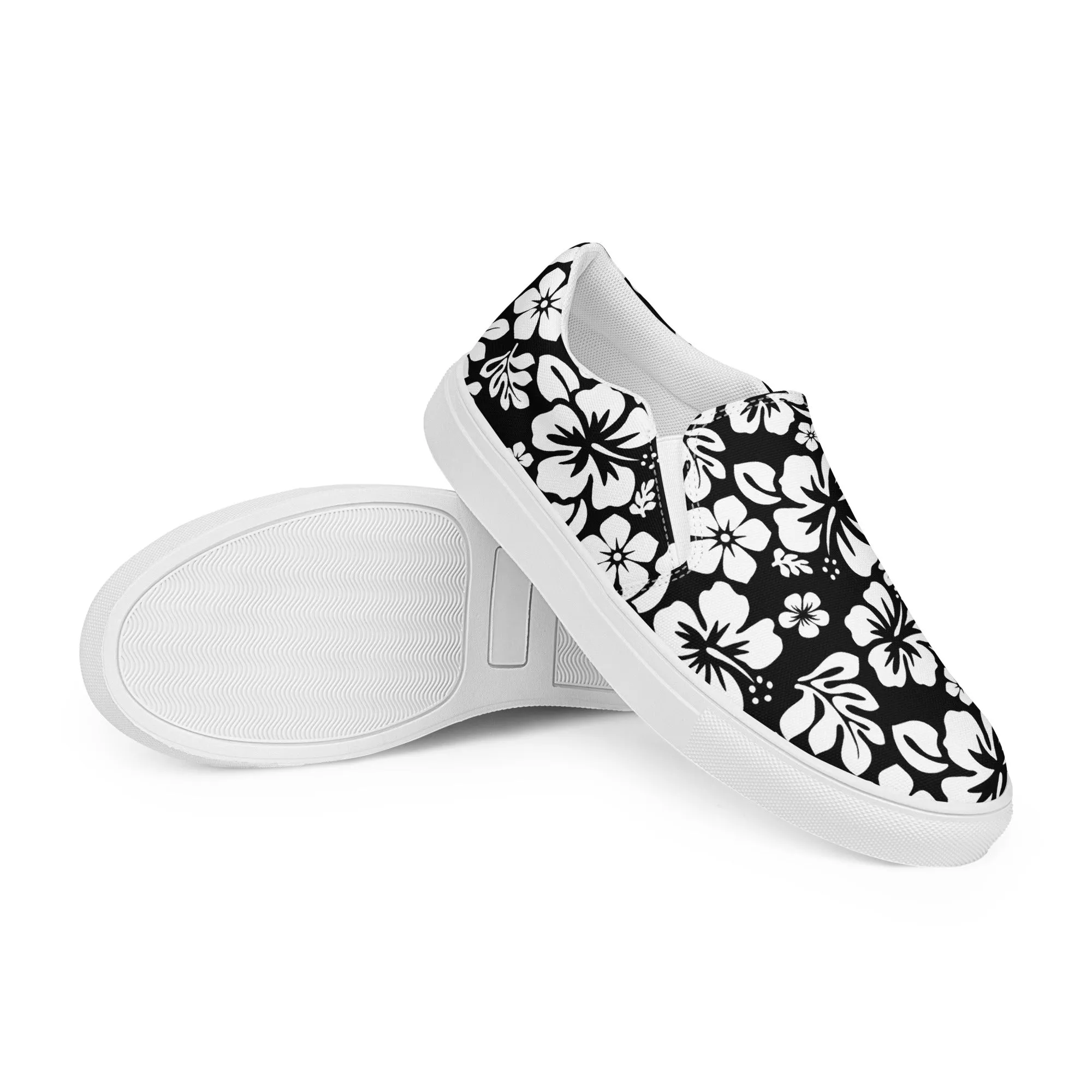 Black and White Hawaiian Flowers Women's Slip On Canvas Shoes