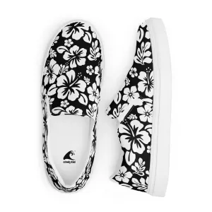 Black and White Hawaiian Flowers Women's Slip On Canvas Shoes