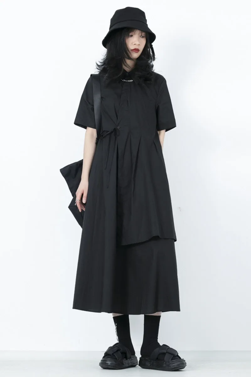 Black Shirt Dress A-Line High Waist Short Sleeve Tie Skirt