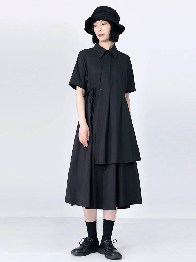 Black Shirt Dress A-Line High Waist Short Sleeve Tie Skirt