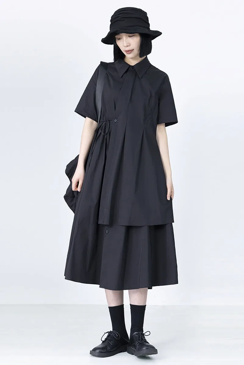 Black Shirt Dress A-Line High Waist Short Sleeve Tie Skirt