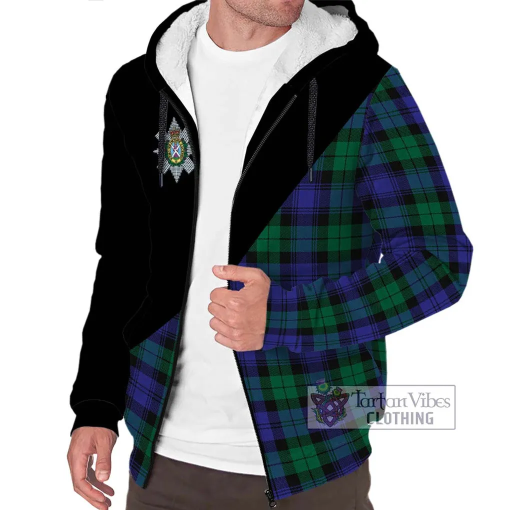 Black Watch Modern Tartan Sherpa Hoodie with Family Crest and Military Logo Style