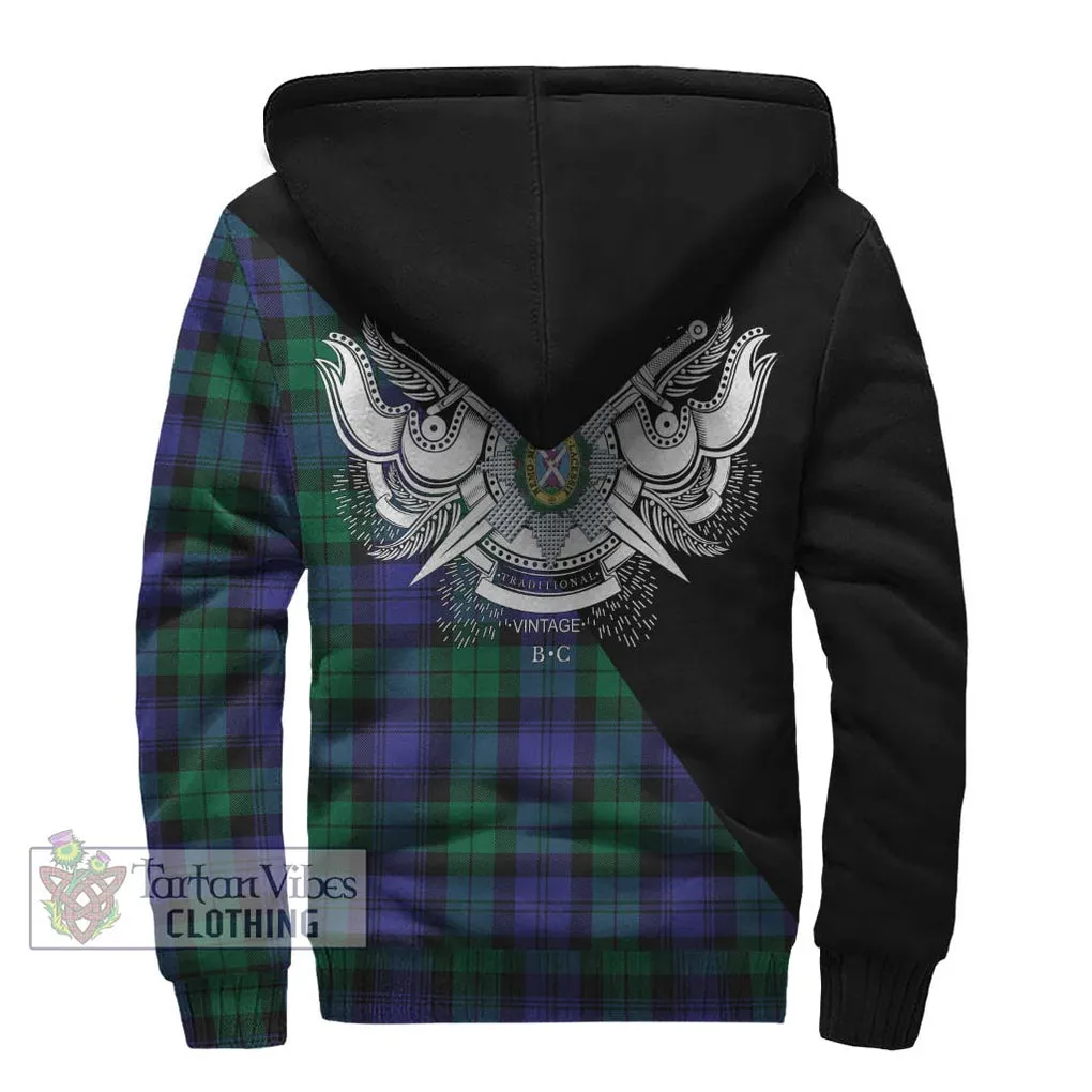 Black Watch Modern Tartan Sherpa Hoodie with Family Crest and Military Logo Style