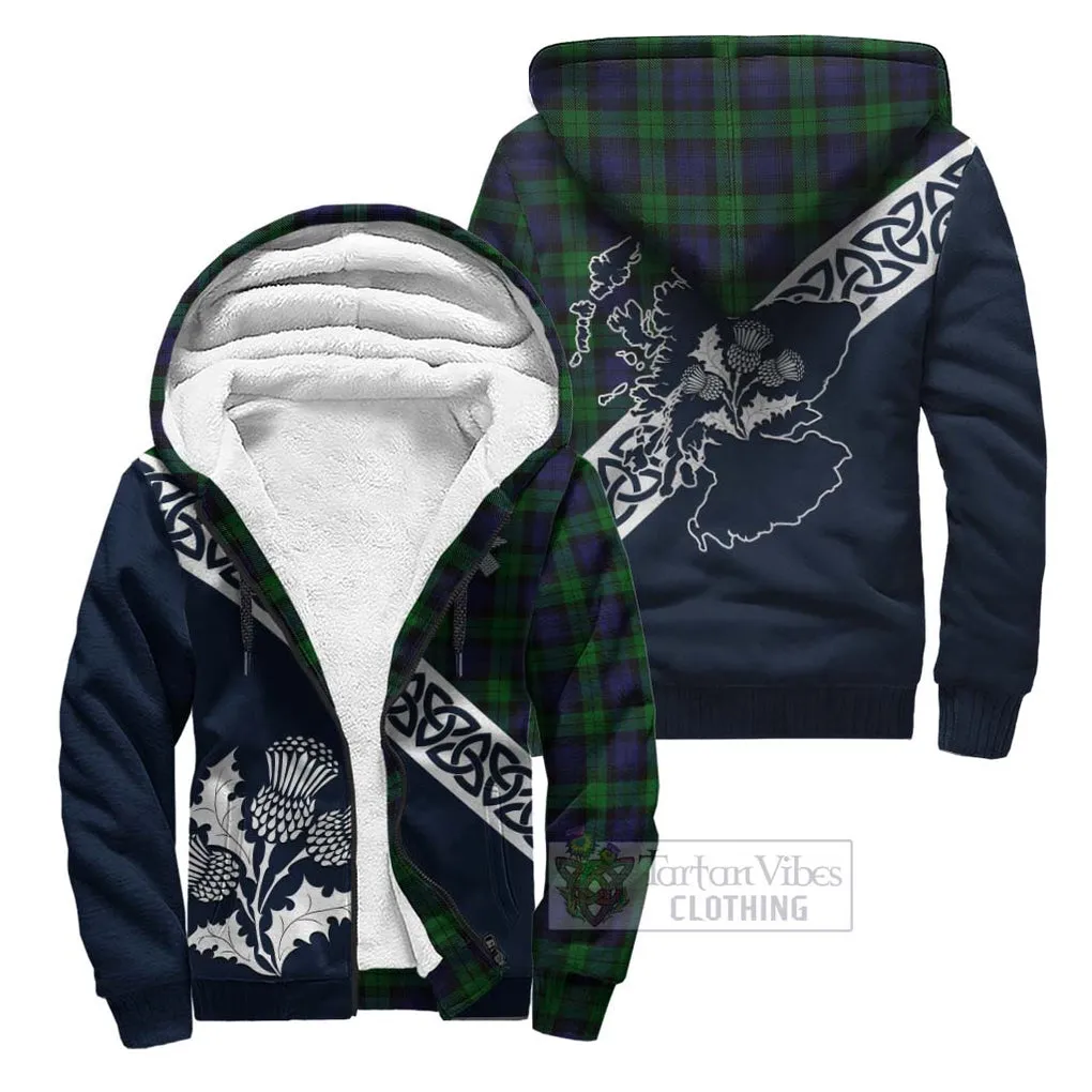 Black Watch Tartan Sherpa Hoodie Featuring Thistle and Scotland Map