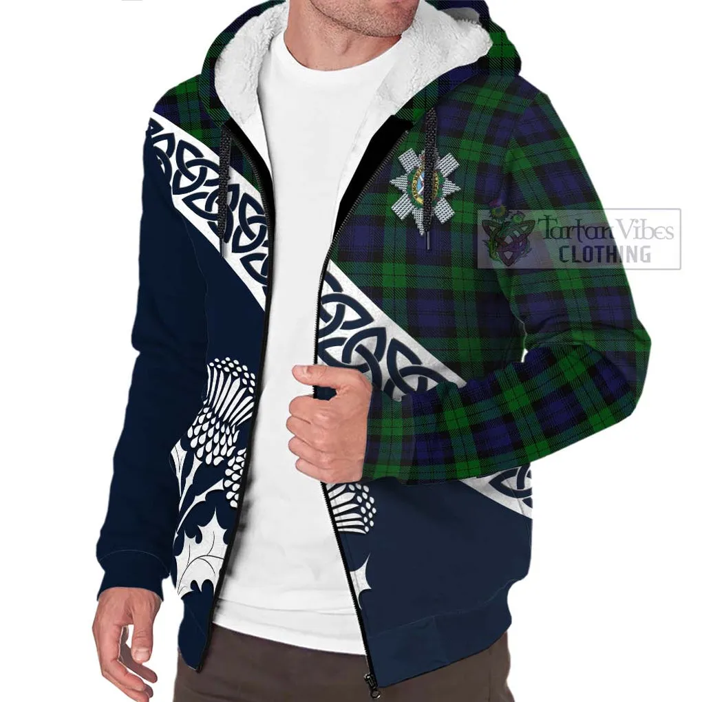 Black Watch Tartan Sherpa Hoodie Featuring Thistle and Scotland Map