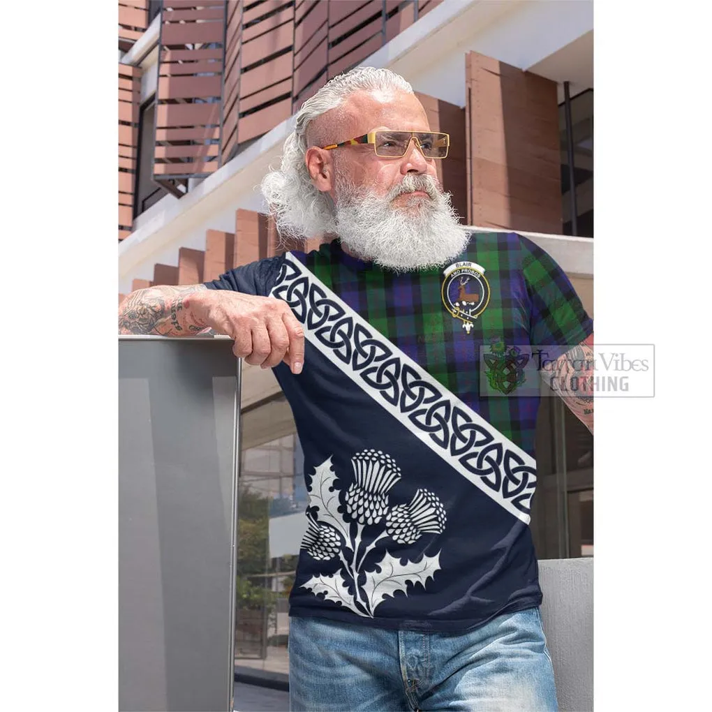 Blair Tartan Cotton T-shirt Featuring Thistle and Scotland Map